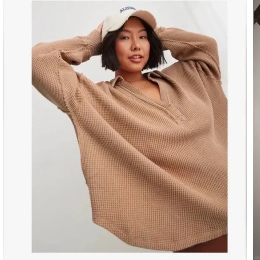 Aerie Lumber Jane Waffle Polo Long Sleeve Top Oversized Tan Size Medium